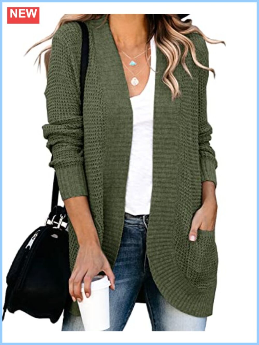 Womens Open Front Cardigan Loose Fit Long Sleeve Waffle Knit Sweater with